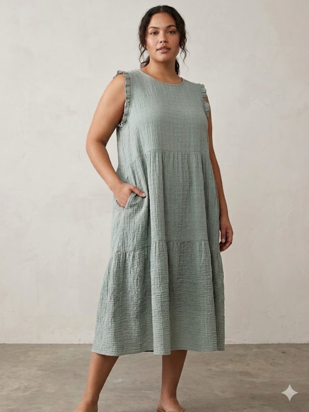 NWOT Sonoma Sage Green Sleeveless Tiered Midi with Ruffle Shoulders